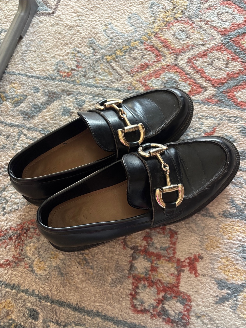 Classic Black Leather Women's Loafers with Gold Horsebit